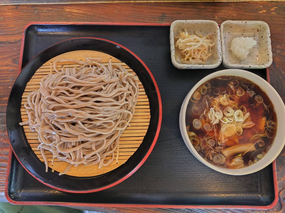 西那須野駅駅近くのそば・うどん屋「かどや」で注文した冷やし野菜のかき揚げそば　中盛の写真