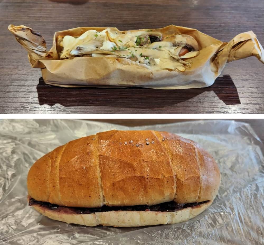 シェレンバウム黒磯店で購入した「きのこのブルスケッタ」と「焙煎ライ麦の塩バターロール[粒あん]」の写真