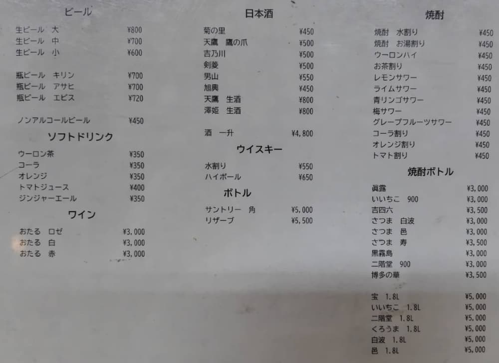 居酒屋「鳥平」のメニュー表2