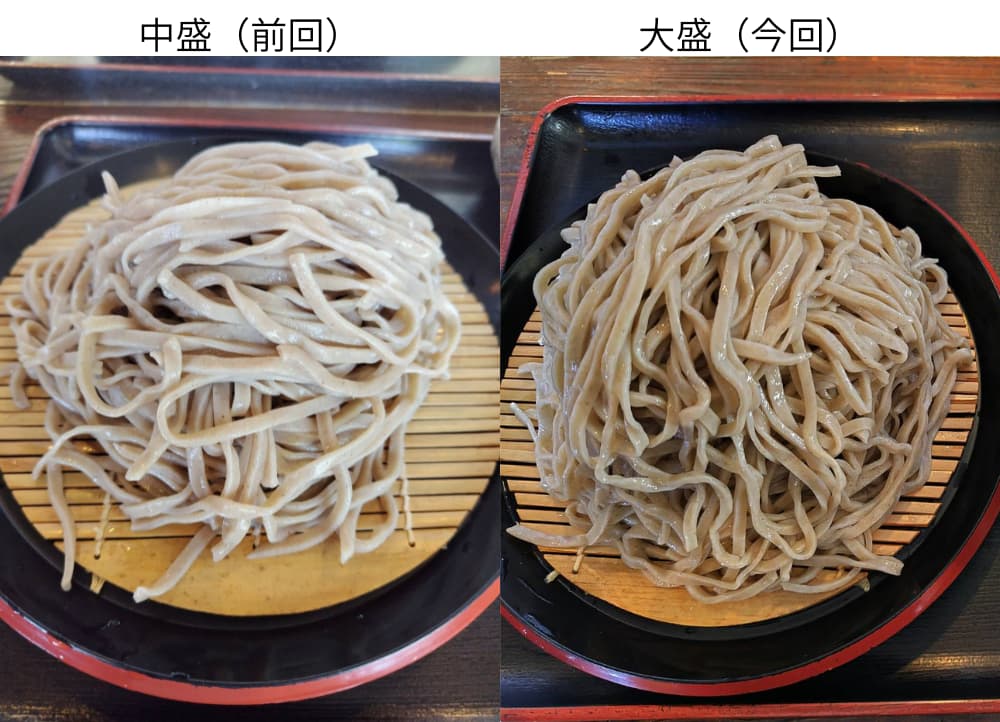 西那須野駅駅近くの「かどや」の中盛と大盛の比較写真