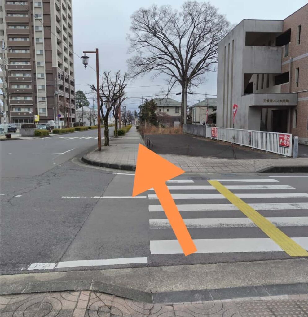 西那須野駅東口の右側にある横断歩道を渡って直進する写真